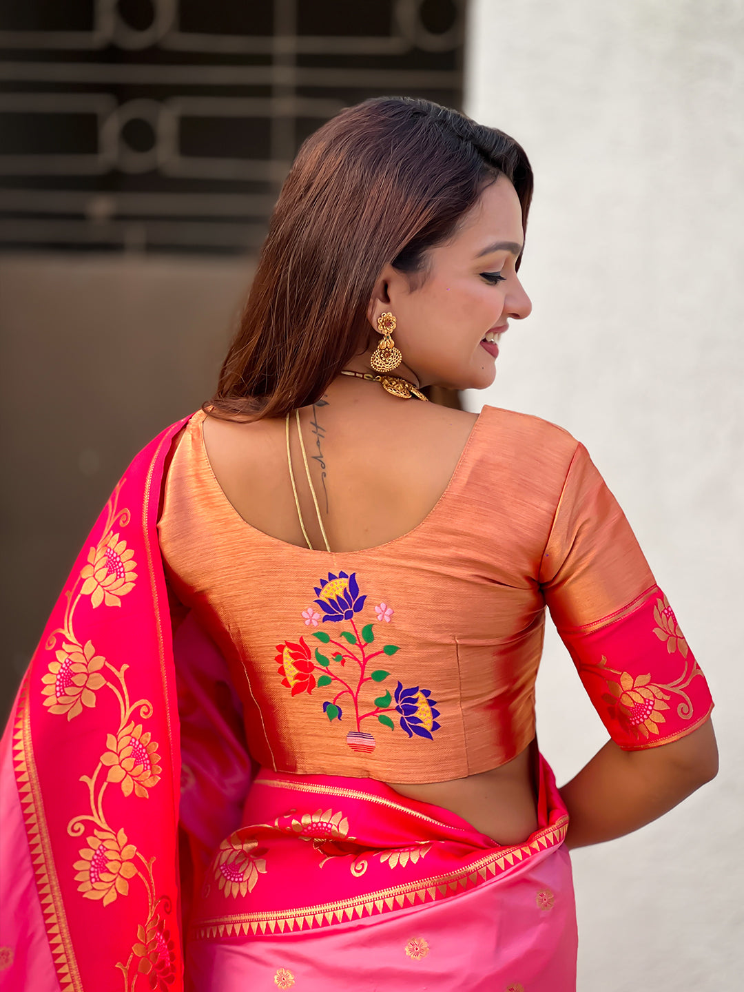 Baby pink soft silk lotus paithani saree