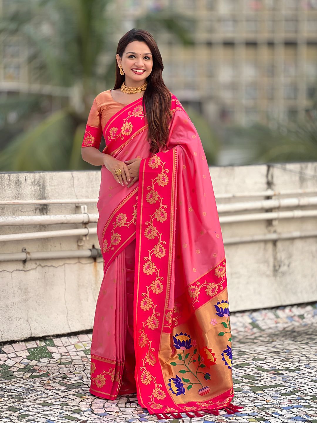 Baby pink soft silk lotus paithani saree