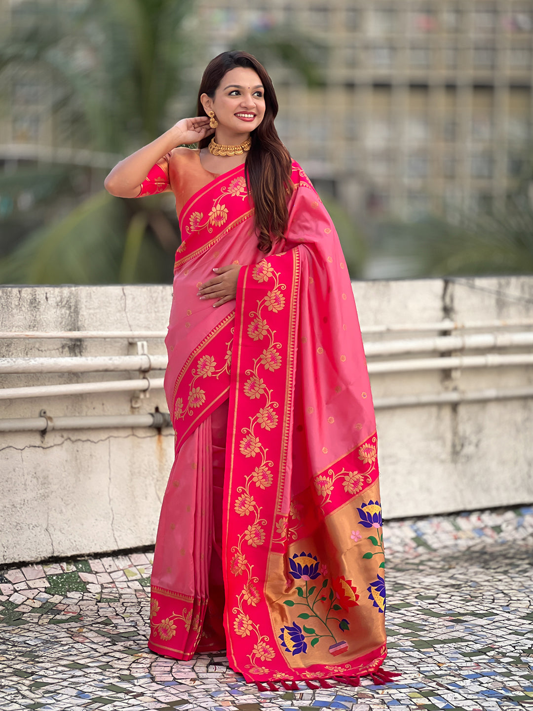 Baby pink soft silk lotus paithani saree