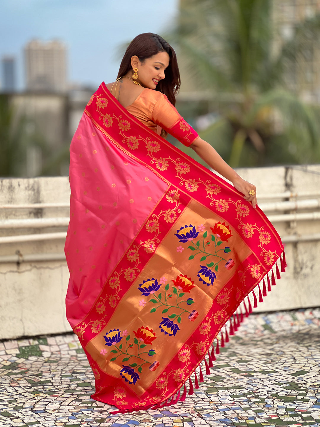 Baby pink soft silk lotus paithani saree