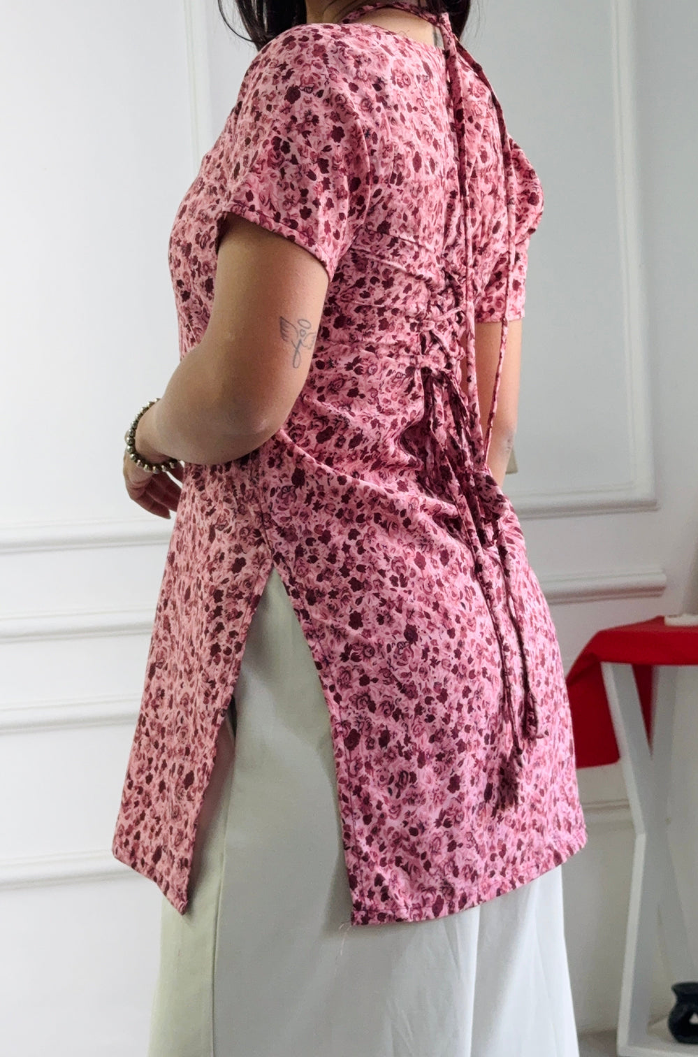 Dusty pink micro floral cambric cotton kurti with corset back