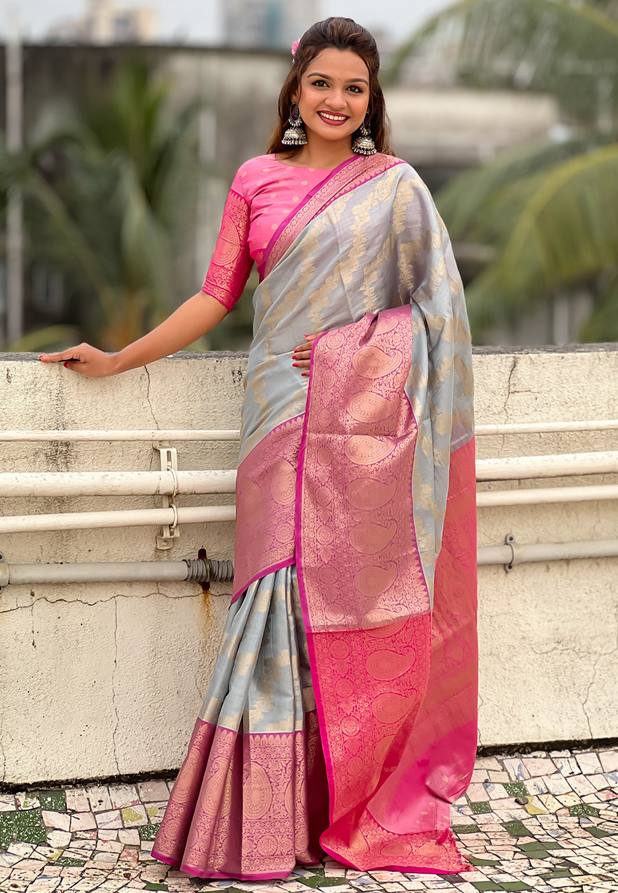 Grey kanjivaram soft tissue silk leheriya traditional zari woven saree