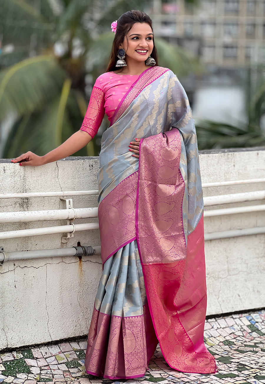 Grey kanjivaram soft tissue silk leheriya traditional zari woven saree