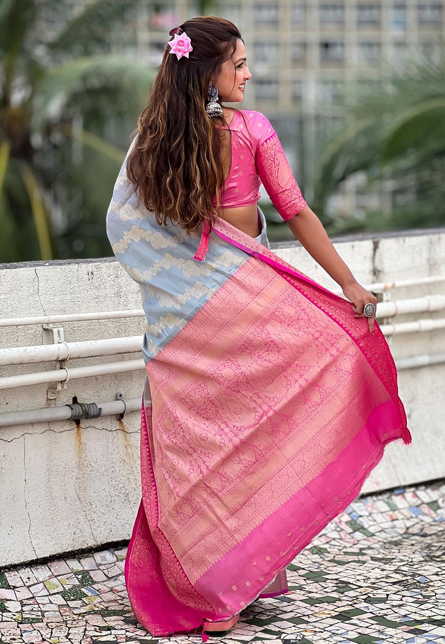 Grey kanjivaram soft tissue silk leheriya traditional zari woven saree
