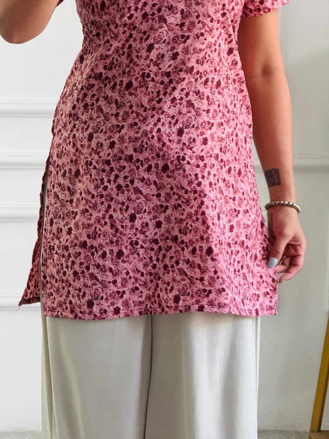 Dusty pink micro floral cambric cotton kurti with corset back
