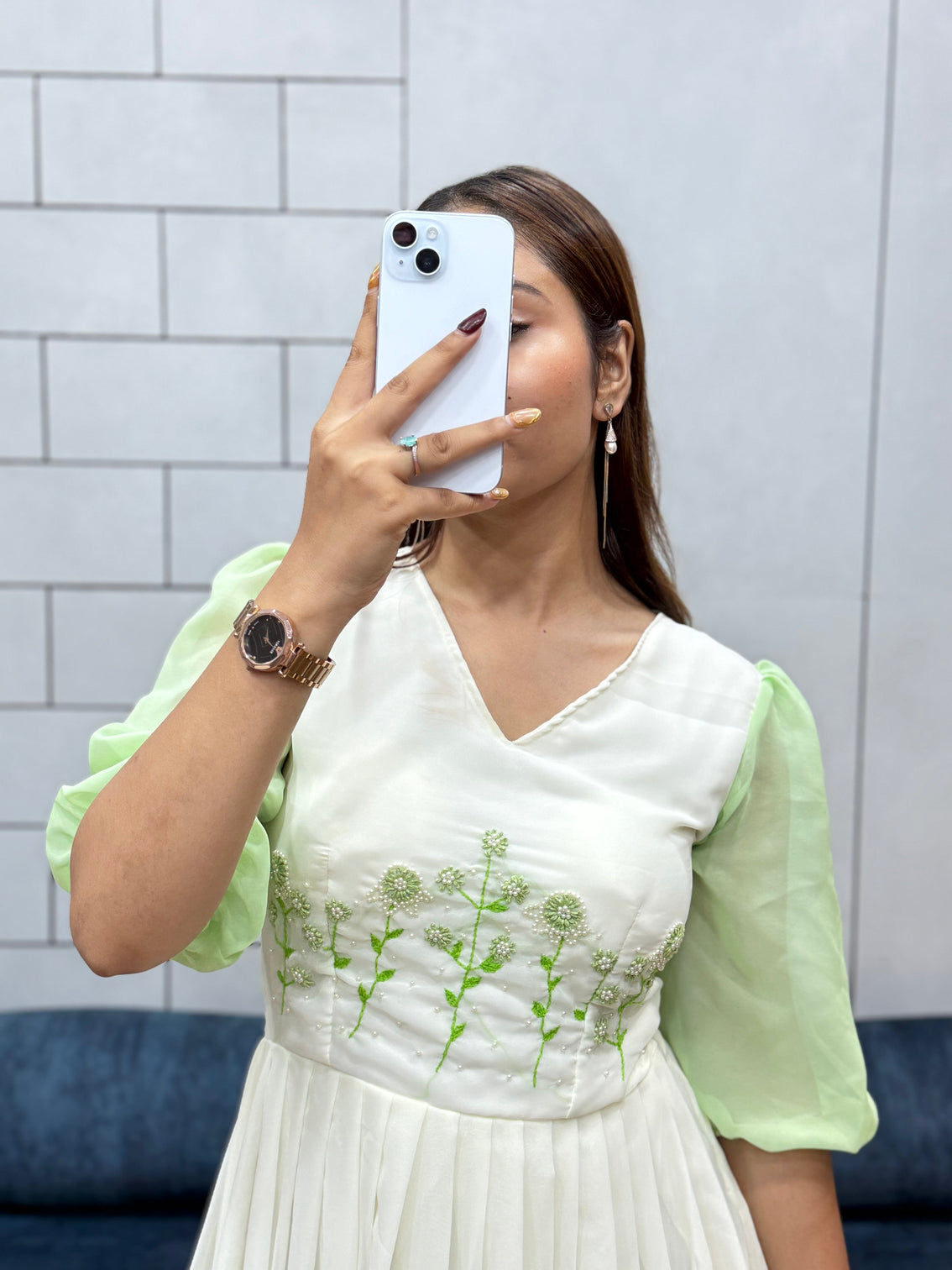Pista green georgette maxi dress handcrafted beads kardana comfortable cotton lining