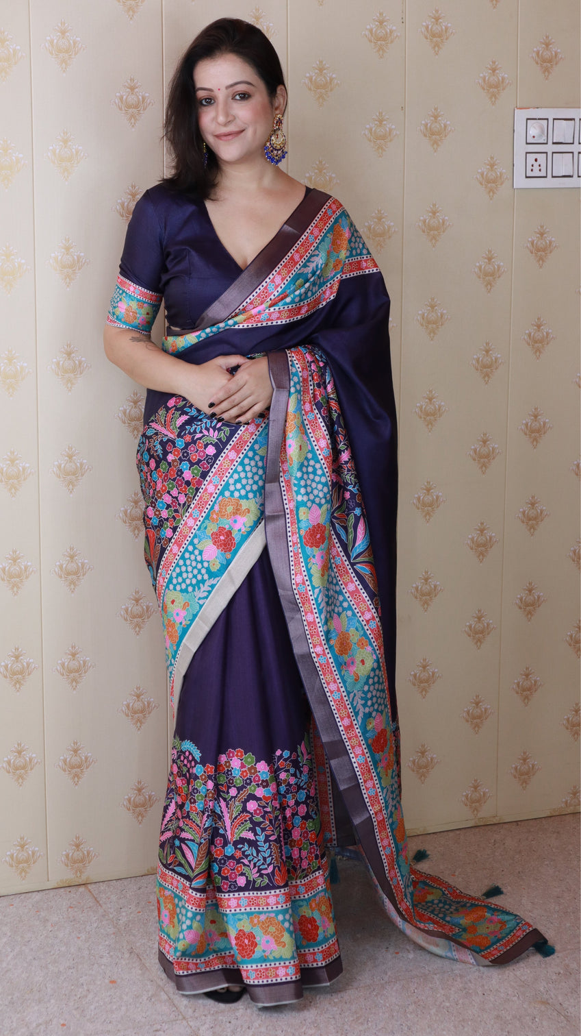 Navy blue tussar silk floral printed saree with zari woven border