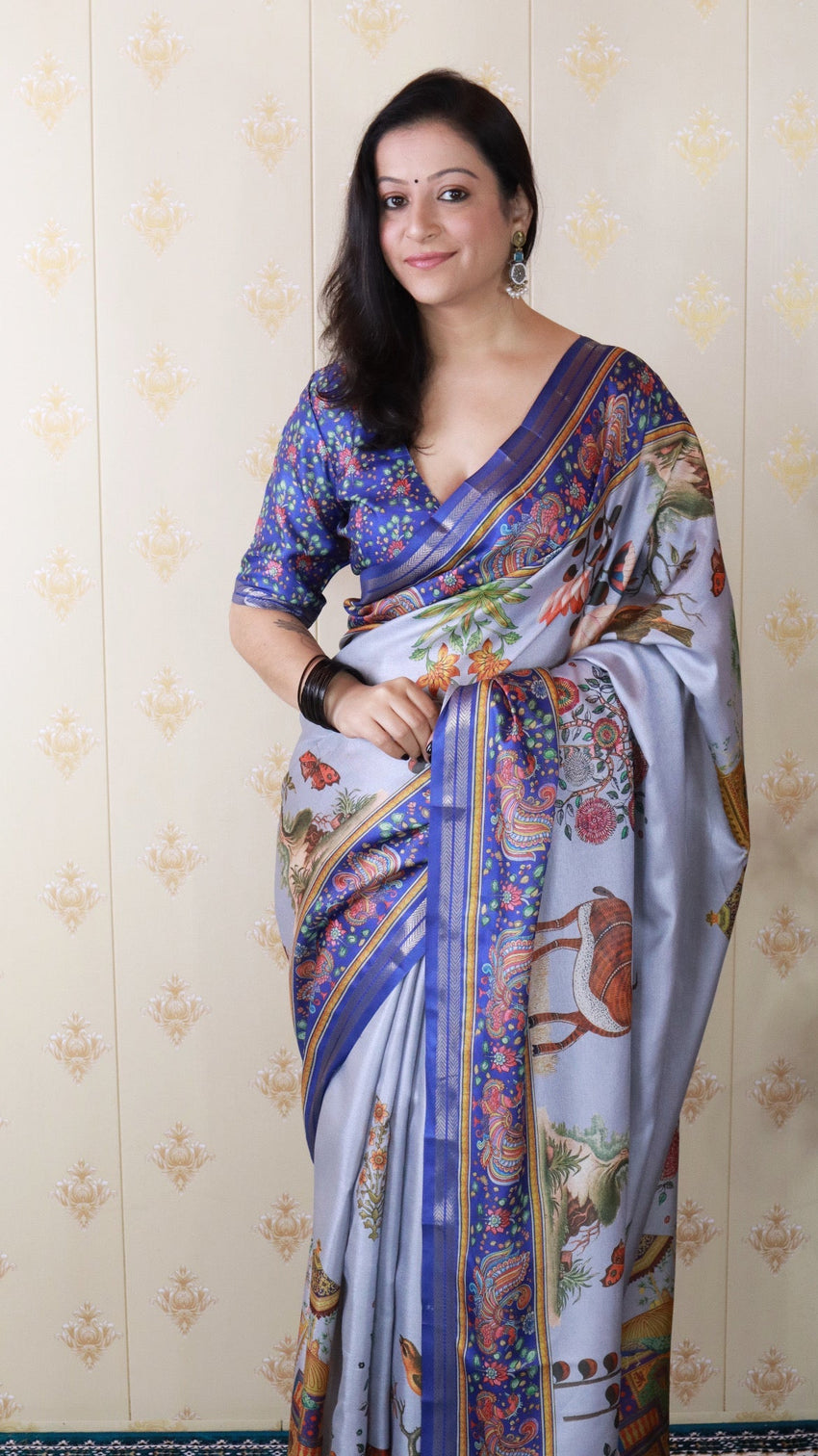 Blue tussar silk pattachitra traditional printed zari woven saree