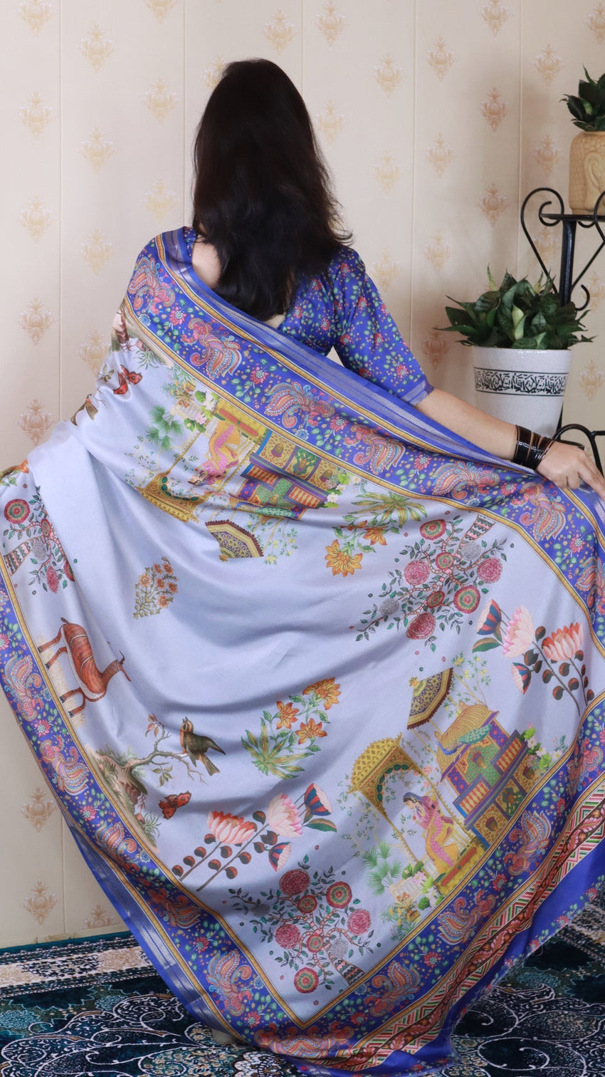 Blue tussar silk pattachitra traditional printed zari woven saree