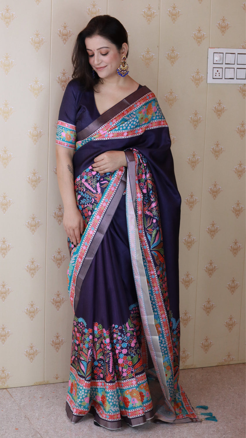 Navy blue tussar silk floral printed saree with zari woven border