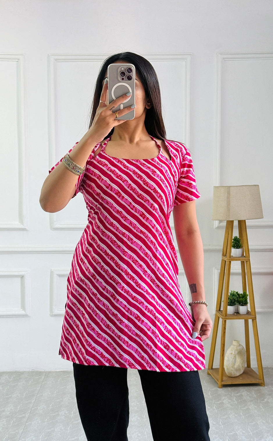 Festive pink white stripe multi wear kurti adjustable fit mameraa