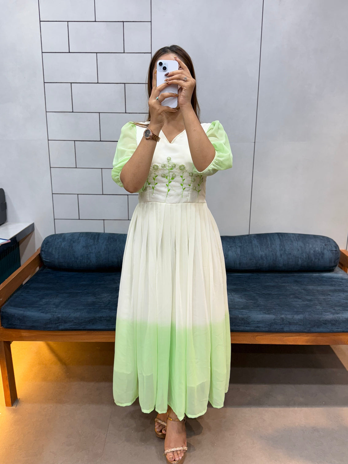 Pista green georgette maxi dress handcrafted beads kardana comfortable cotton lining