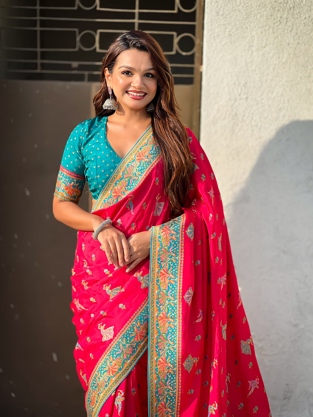 Pink pure viscose silk position printed traditional saree