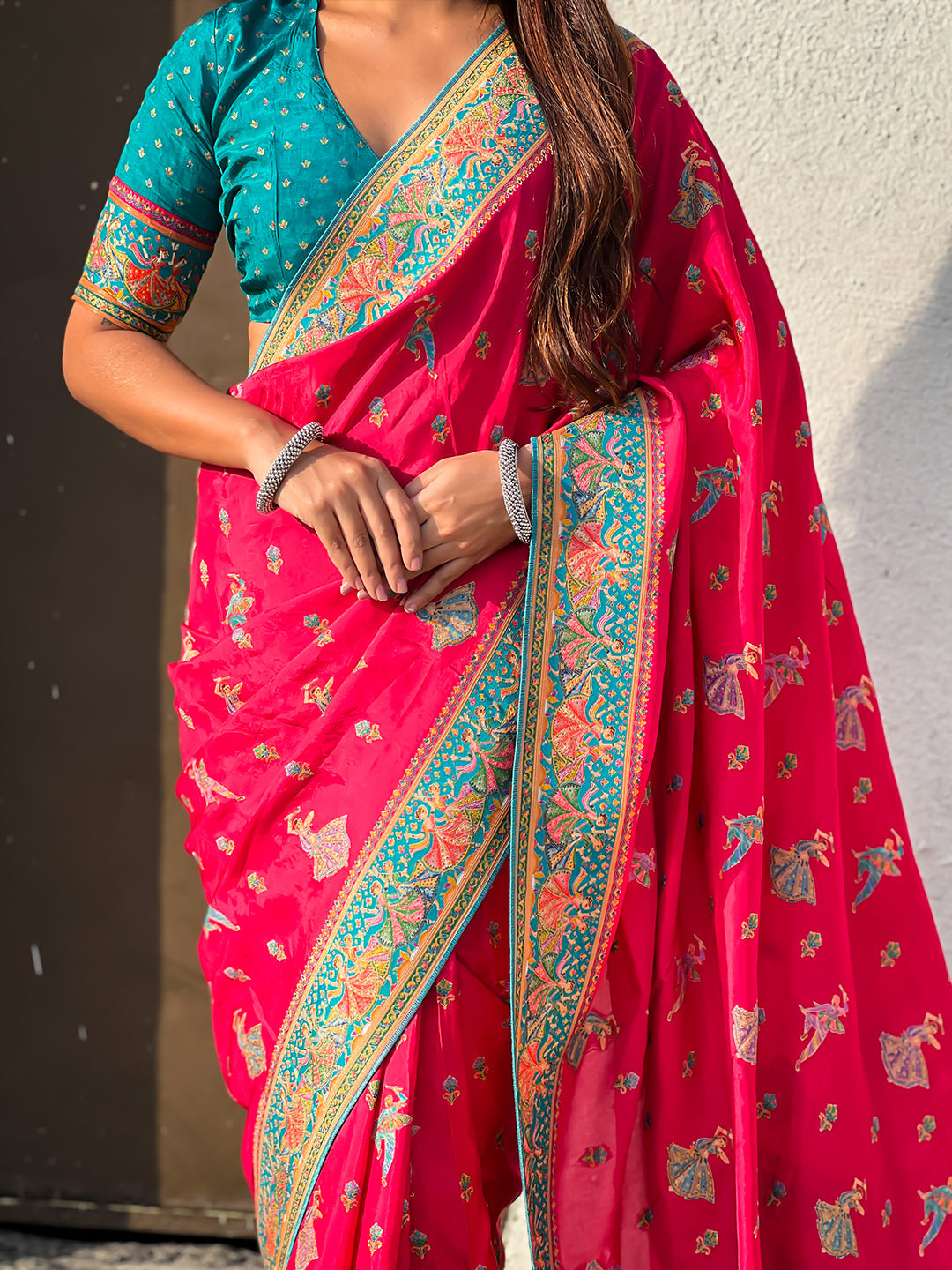 Pink pure viscose silk position printed traditional saree
