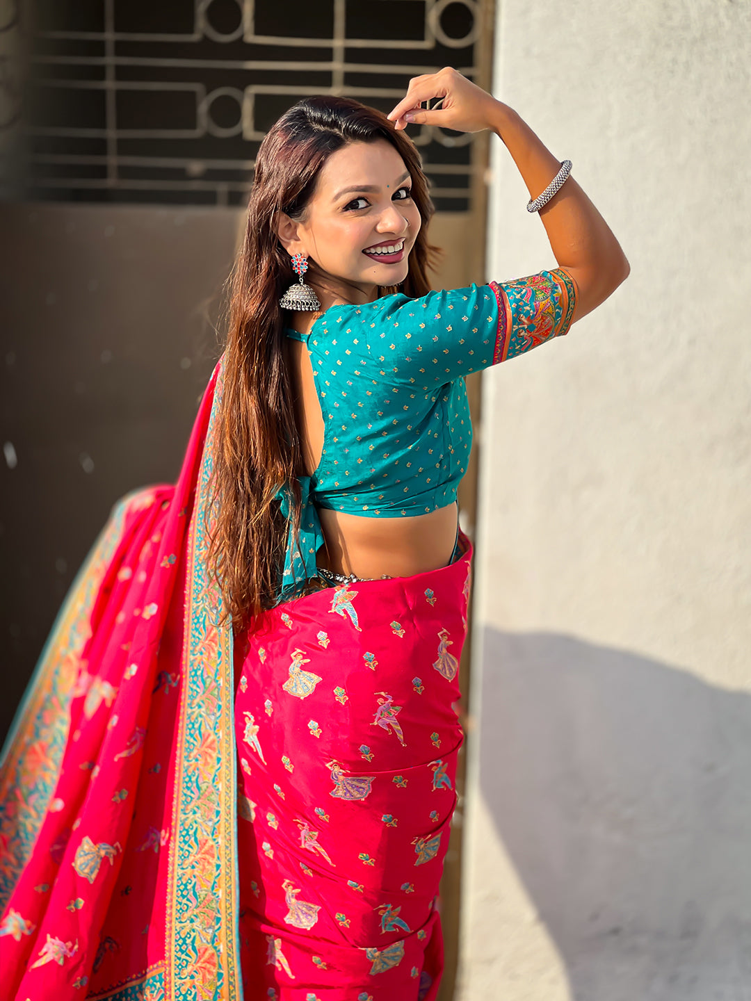 Pink pure viscose silk position printed traditional saree