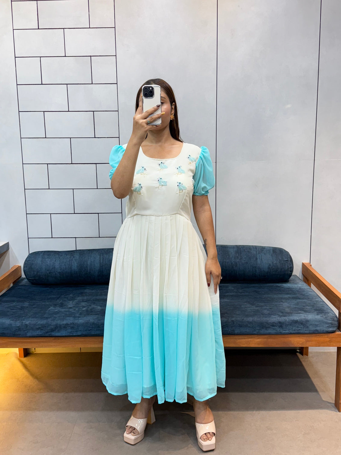 Sky blue flowing georgette maxi beautiful beads kardana handwork day party wear