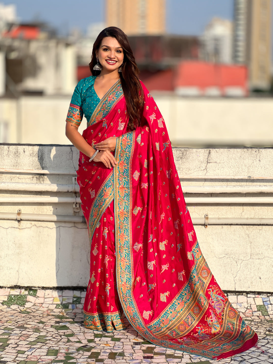 Pink pure viscose silk position printed traditional saree