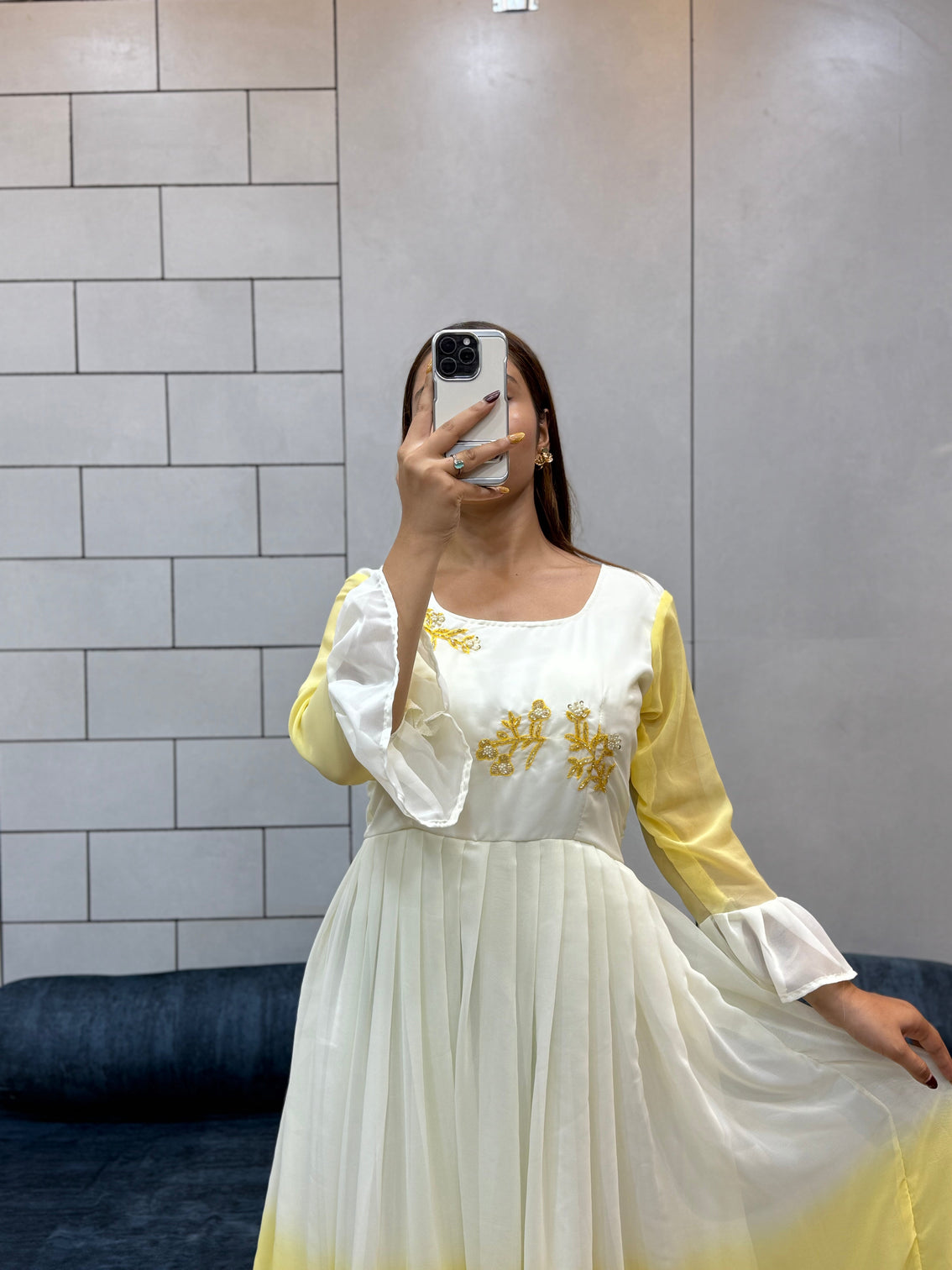 Sunshine yellow georgette maxi dress handcrafted beads kardana comfortable cotton inner