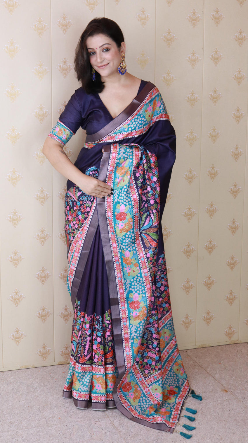 Navy blue tussar silk floral printed saree with zari woven border