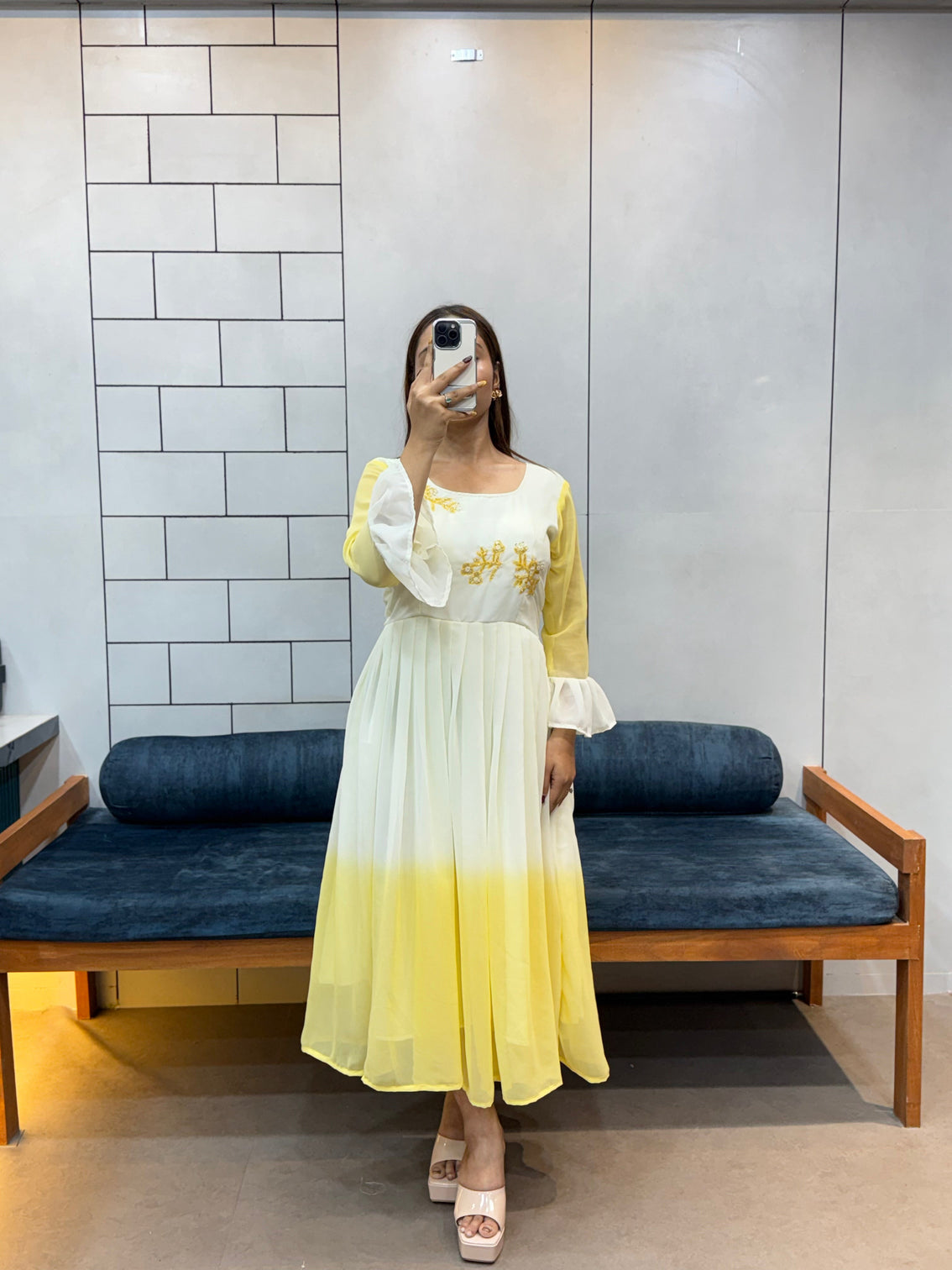 Sunshine yellow georgette maxi dress handcrafted beads kardana comfortable cotton inner