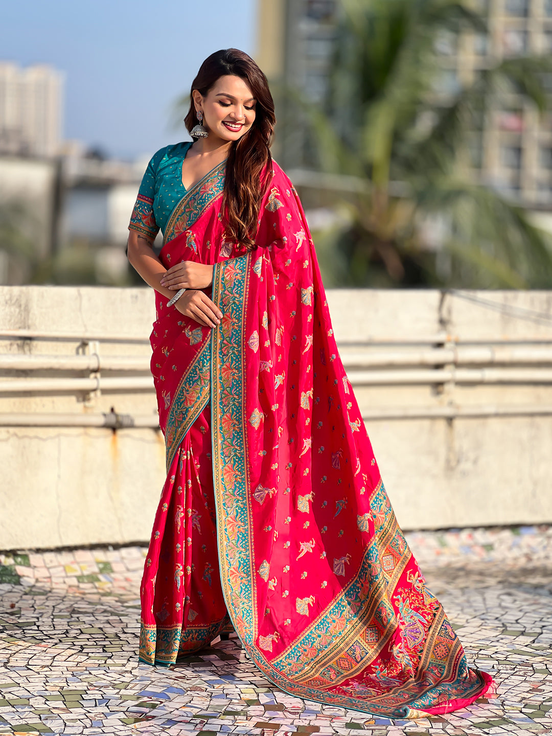 Pink pure viscose silk position printed traditional saree