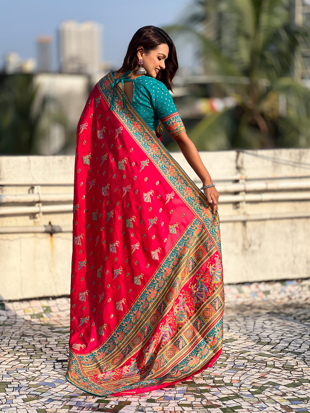 Pink pure viscose silk position printed traditional saree