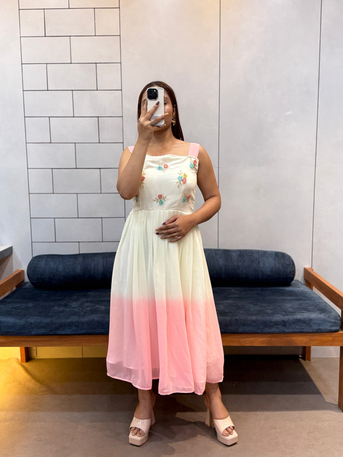 Pink pedding fox georgette maxi dress with beads kardana handwork soft cotton inner elegant partywear