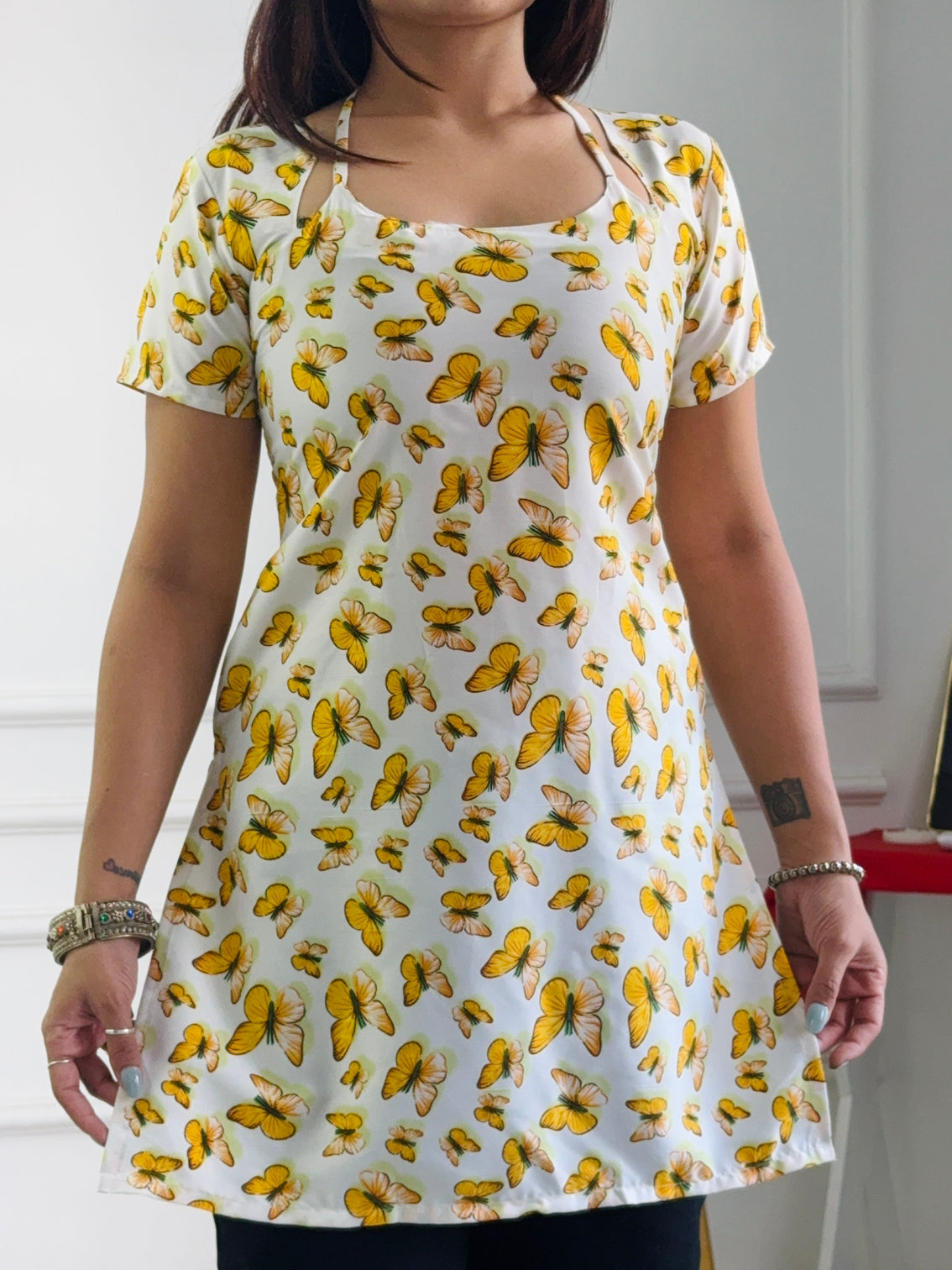 Butterfly print cambric cotton kurti with corset back