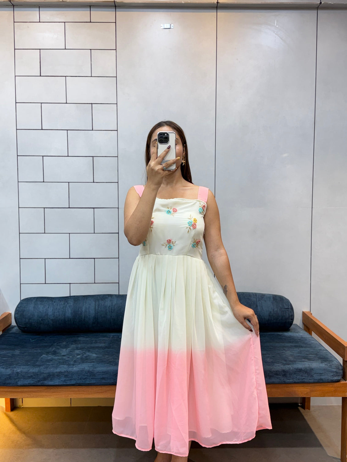 Pink pedding fox georgette maxi dress with beads kardana handwork soft cotton inner elegant partywear
