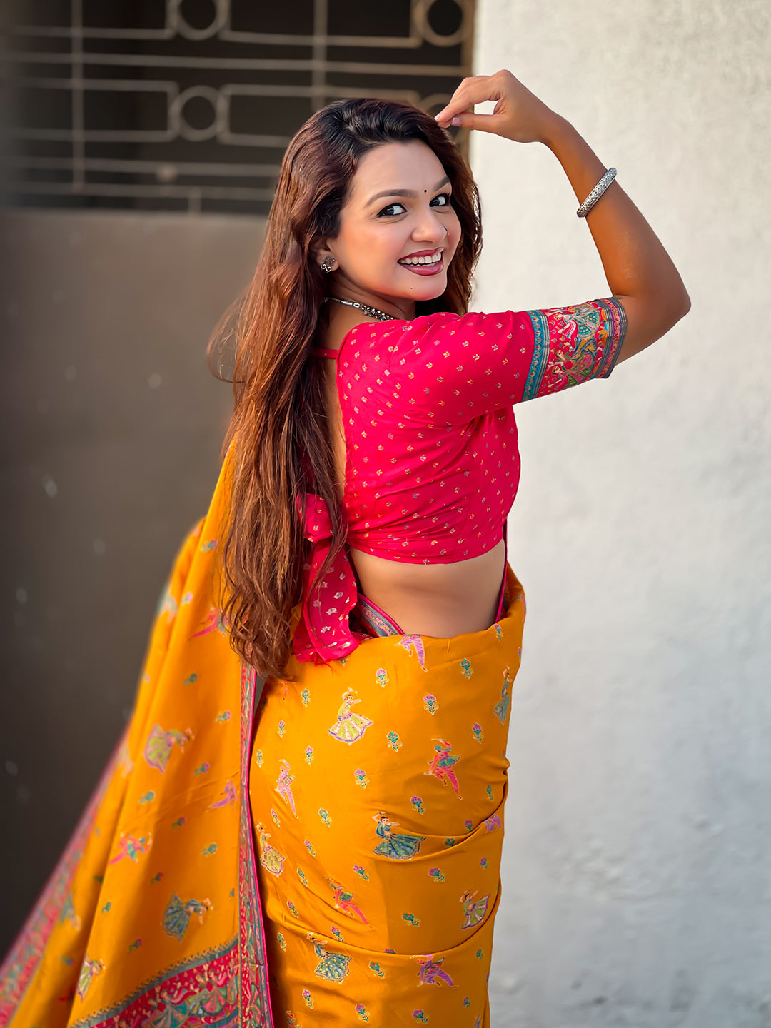 Mustard pure viscose silk position printed traditional saree
