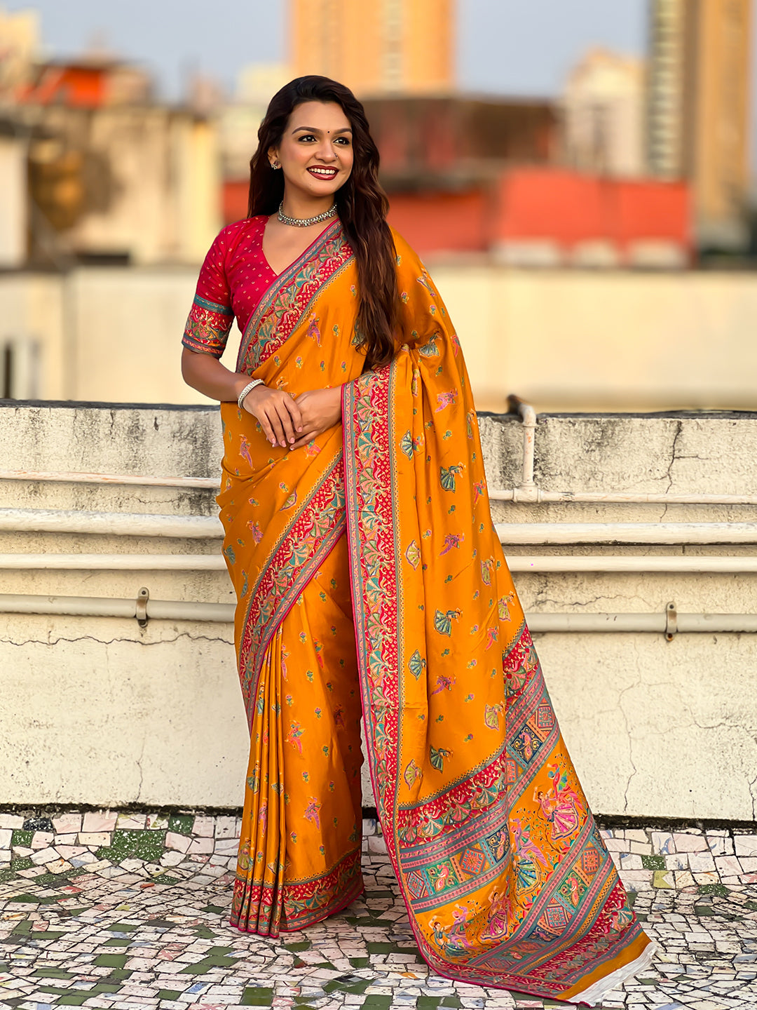 Mustard pure viscose silk position printed traditional saree