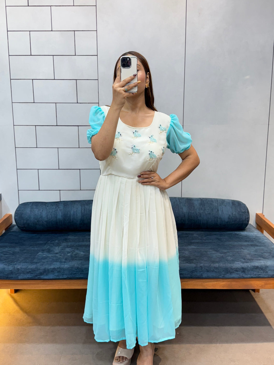 Sky blue flowing georgette maxi beautiful beads kardana handwork day party wear mameraa