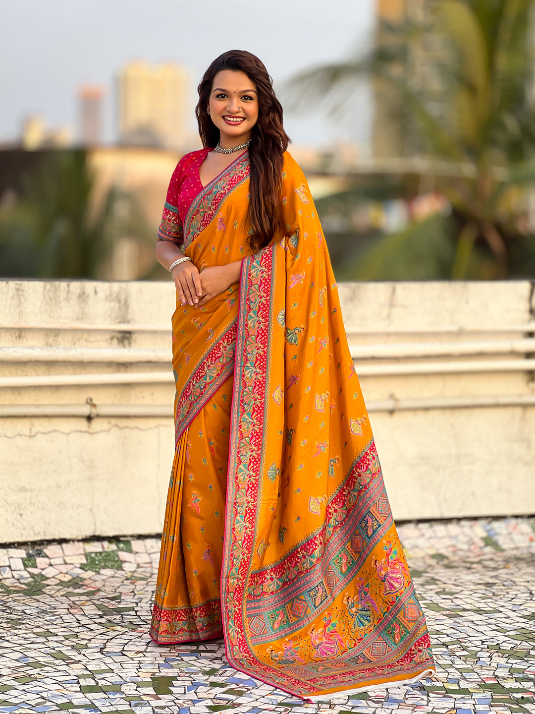 Mustard pure viscose silk position printed traditional saree