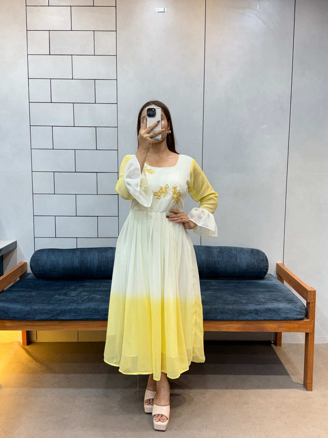 Sunshine yellow georgette maxi dress handcrafted beads kardana comfortable cotton inner mameraa