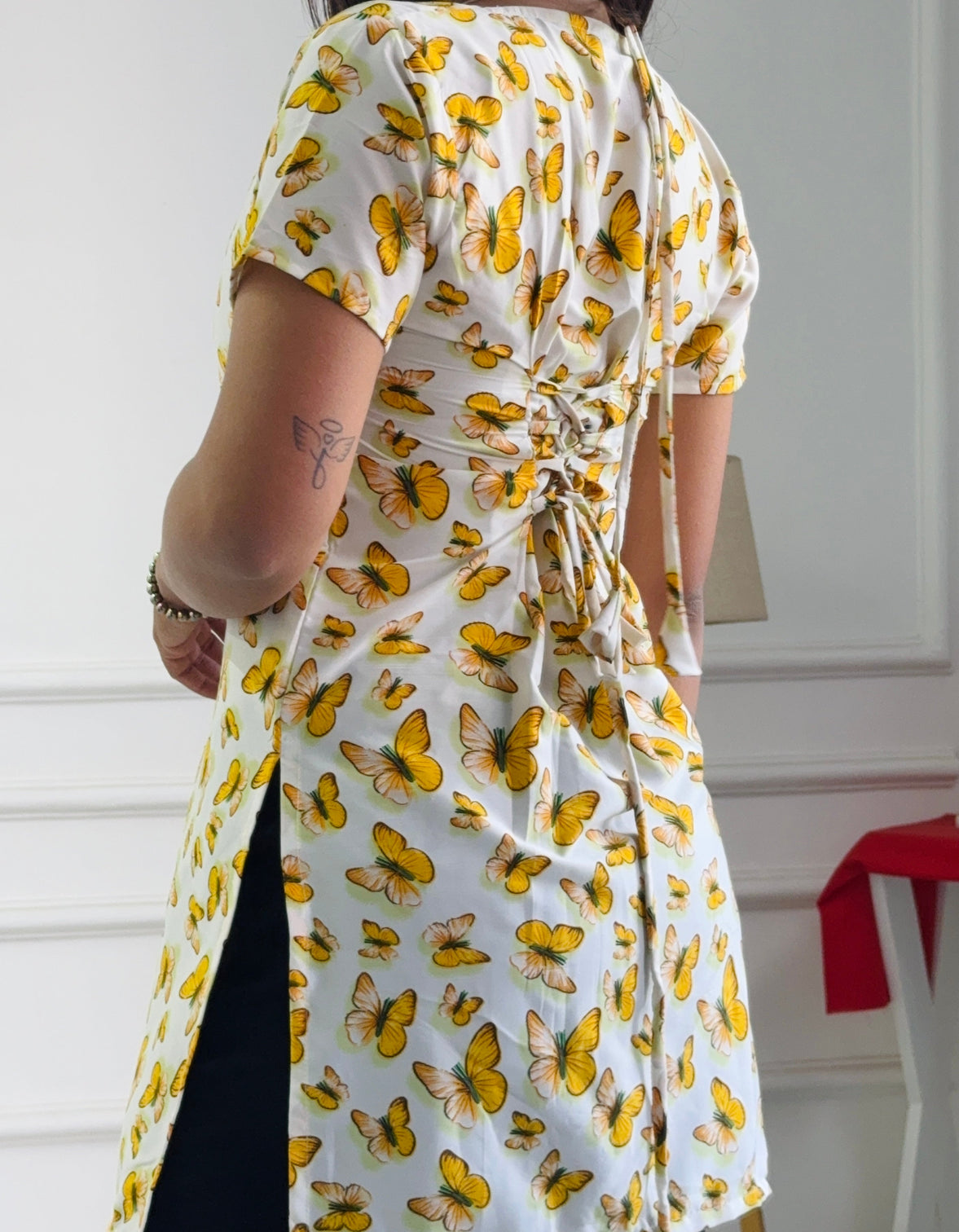Butterfly print cambric cotton kurti with corset back