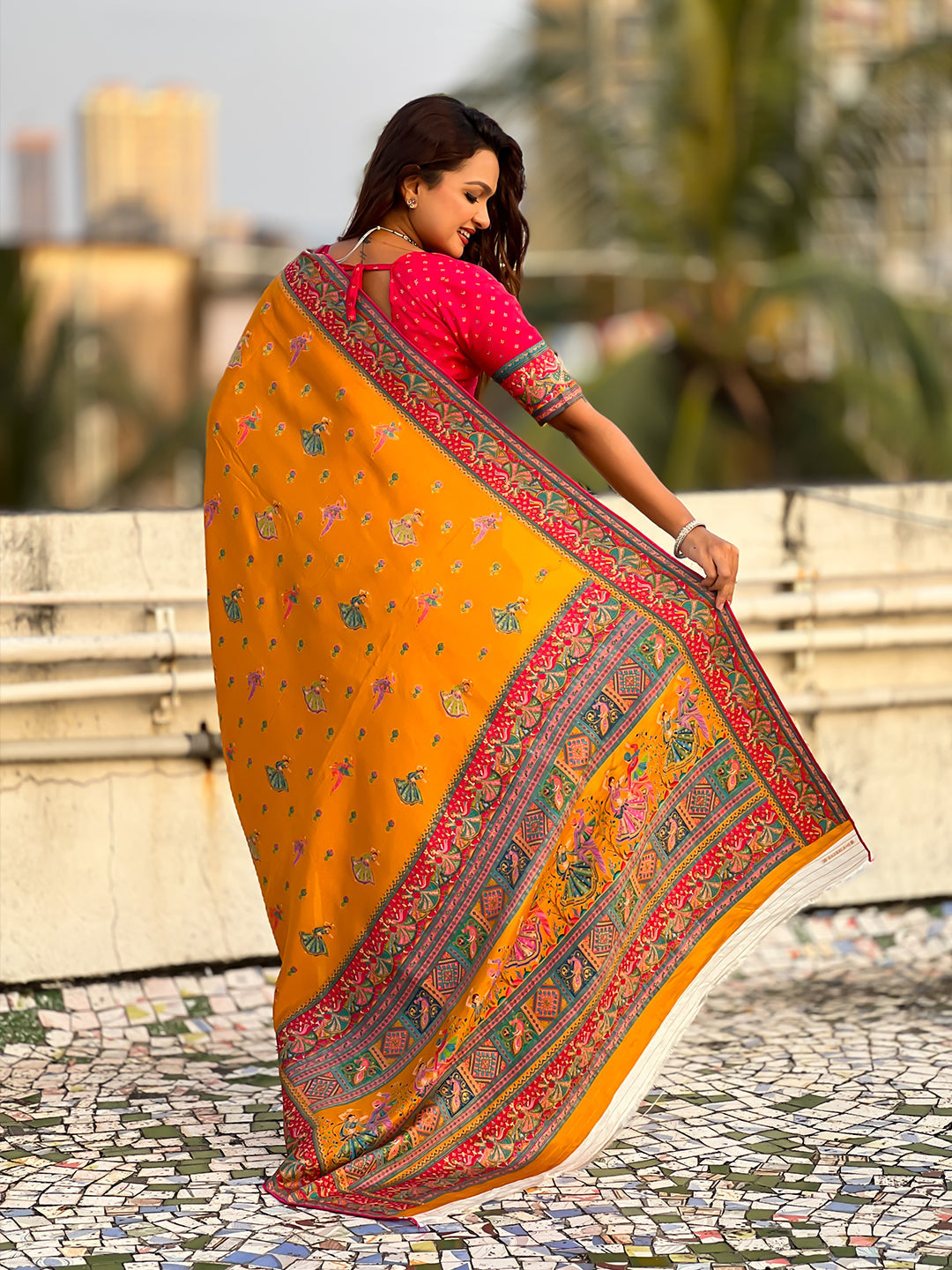Mustard pure viscose silk position printed traditional saree