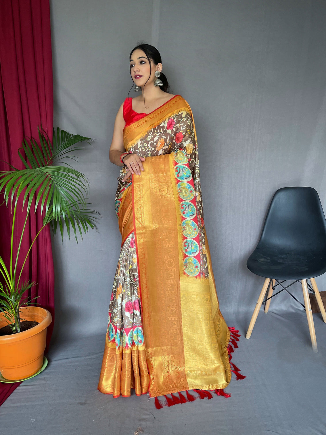 Taupe Brown Saree in Kalamkari Print