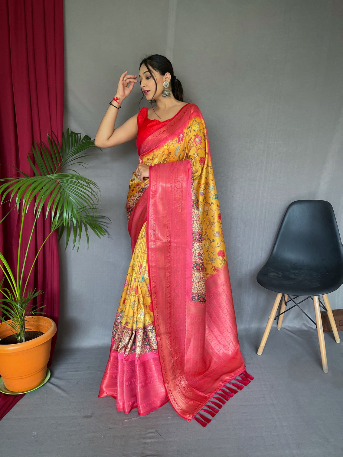 Saffron Mango Saree in Kalamkari Print