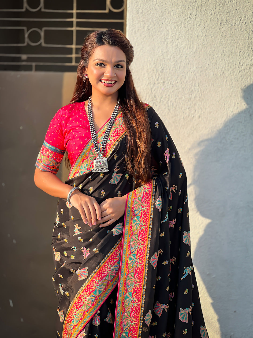 Black pure viscose silk position printed traditional saree