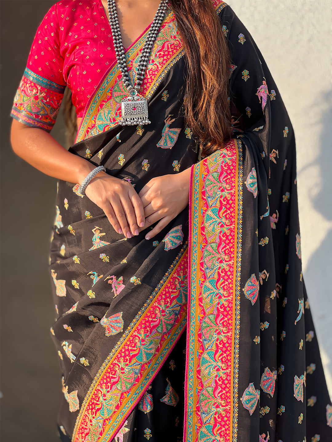 Black pure viscose silk position printed traditional saree