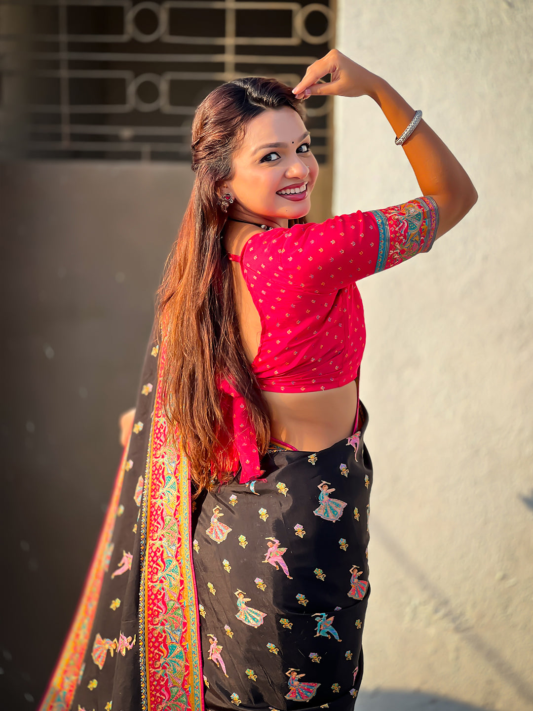 Black pure viscose silk position printed traditional saree