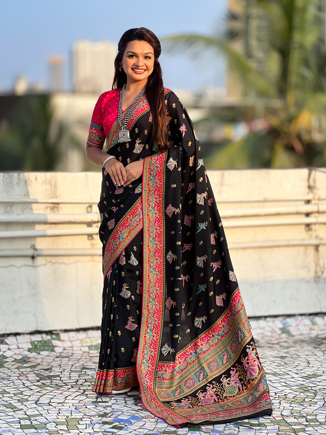 Black pure viscose silk position printed traditional saree