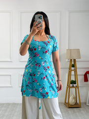 Aqua blue floral print cambric cotton kurti with corset back mameraa