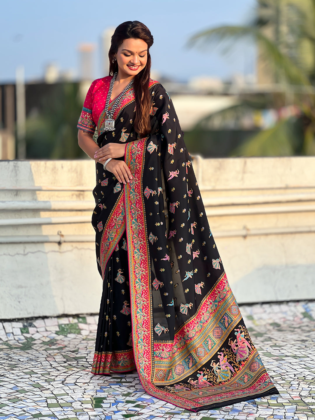Black pure viscose silk position printed traditional saree