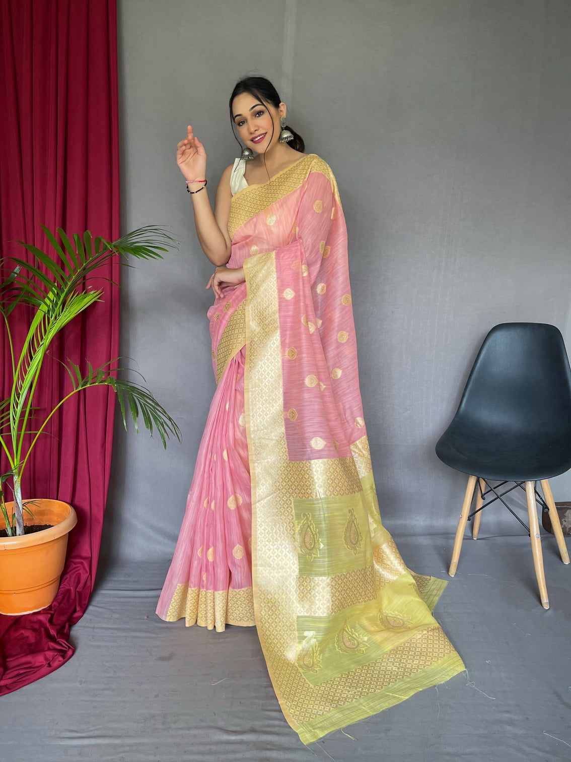 Pastel Pink with Yellow Saree in Cotton Slub Contrast Pattern
