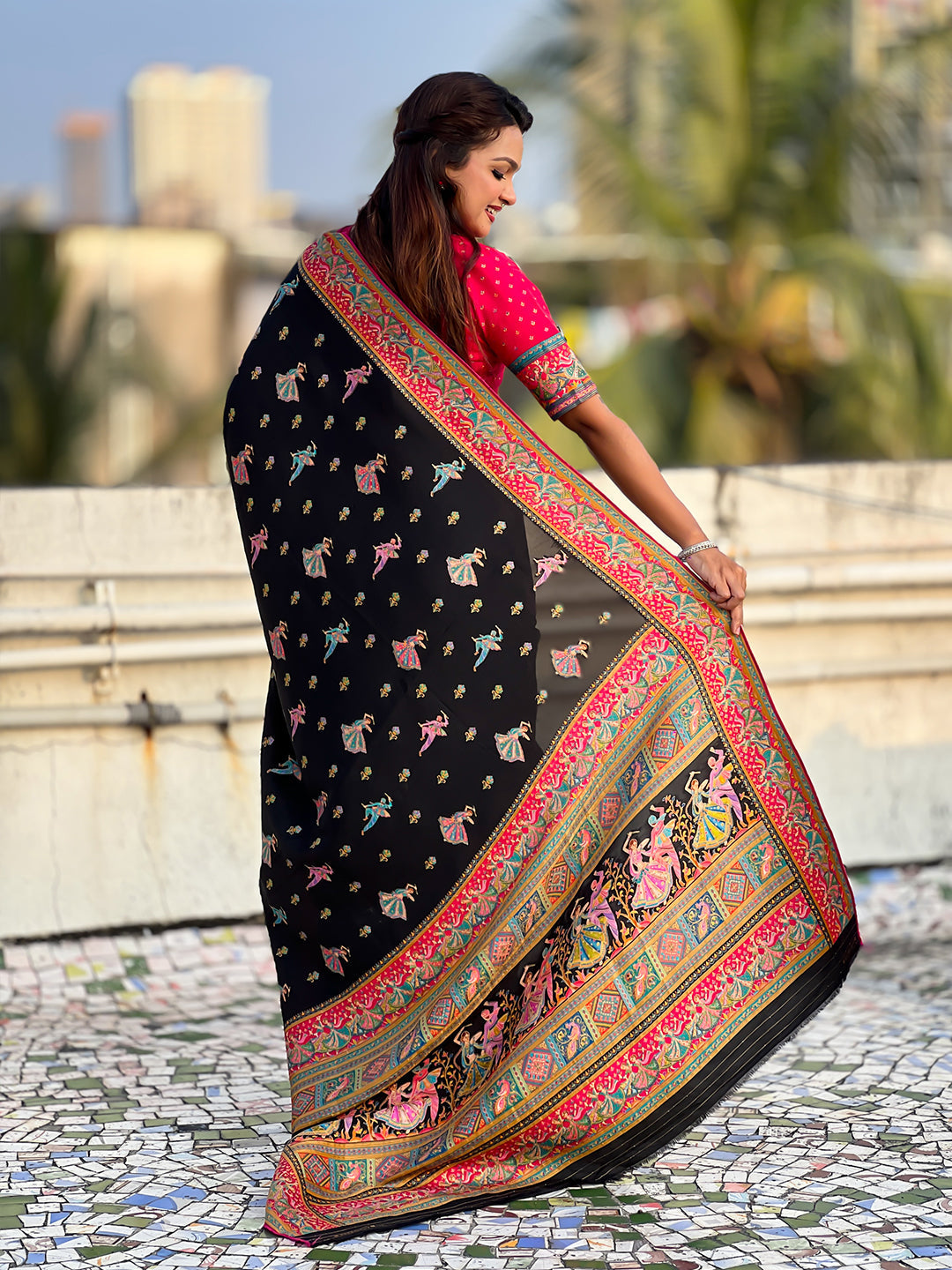 Black pure viscose silk position printed traditional saree