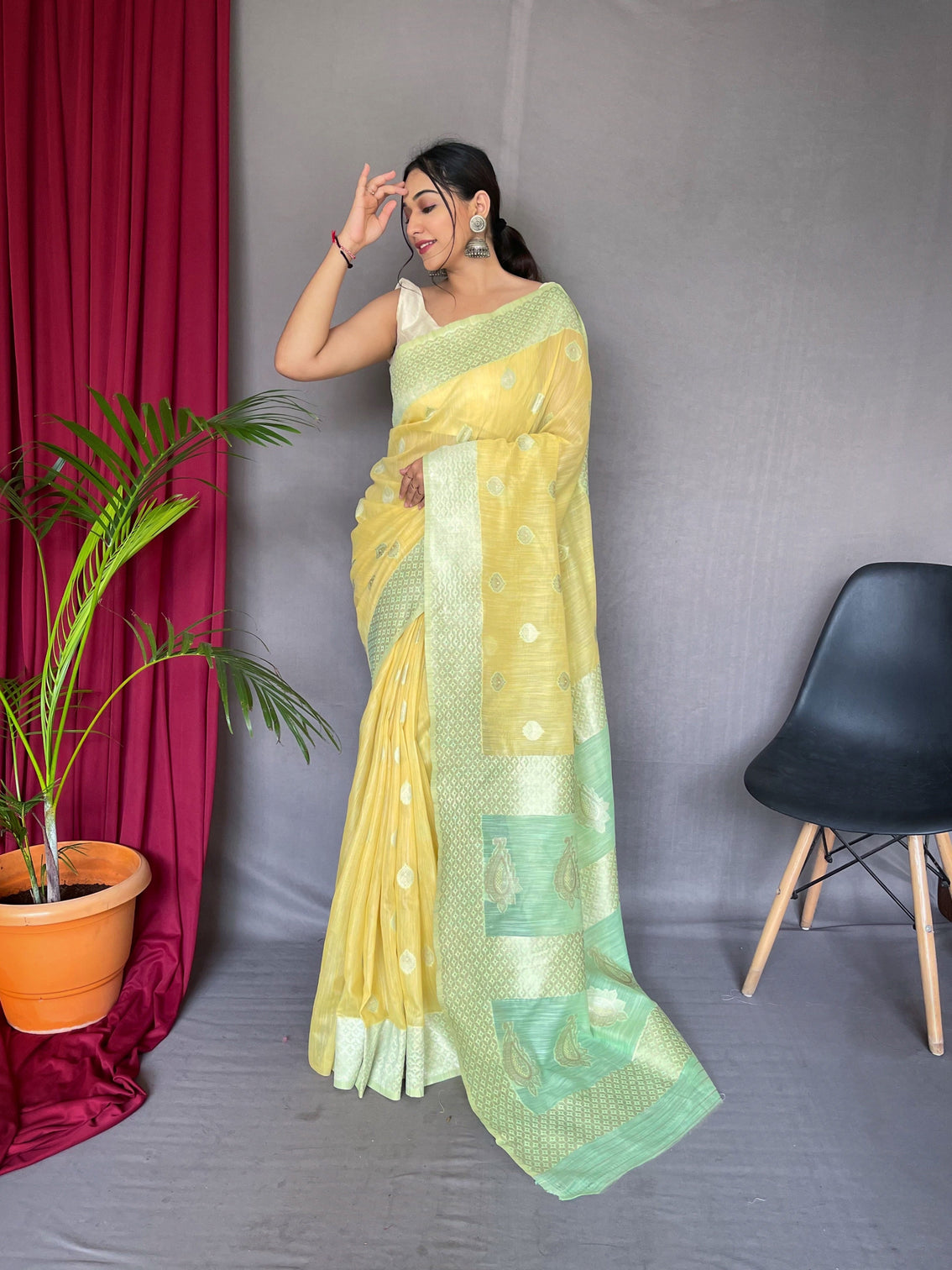 Yellow with Green Mist Saree in Cotton Slub Contrast Pattern