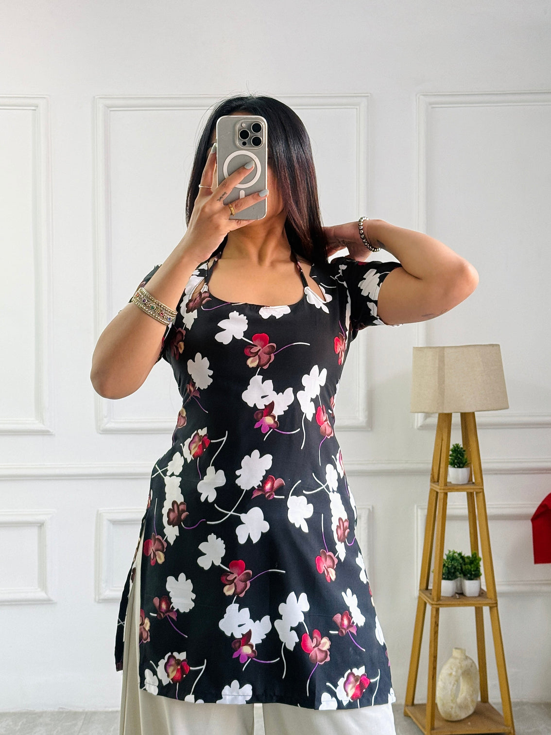 Statement black floral tunic with adjustable corset back mameraa