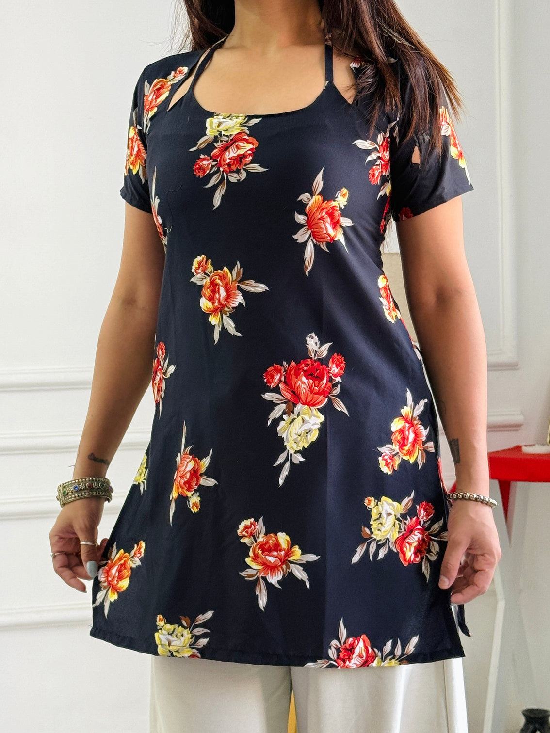 Tropical black floral multi wear tunic adjustable fit