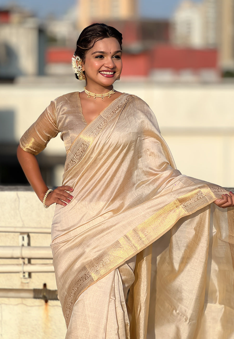 Chickoo tussar silk plain saree with zari woven border